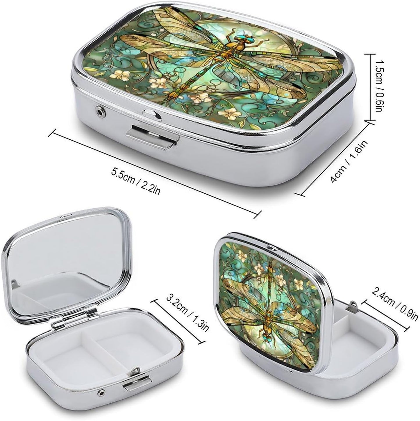 Metal 2 Compartment Pill Organizer Travel Friendly Portable Compact Pill Box Cute Pill Case to Hold Vitamins,Fish Oil,Supplements,Meds,Tablet for Purse,Pocket. (Dragonfly)