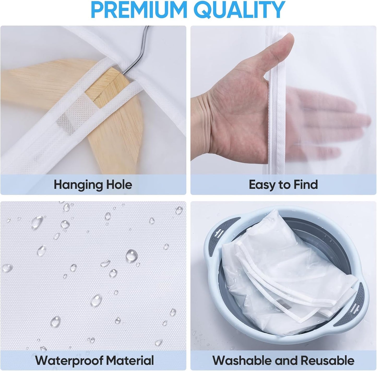 BALEINE 60'' Translucent Garment Bags, 2 Packs PEVA Dress Bag for Closet Clothes Dresses Suit Coats Storage (White, 2PK)
