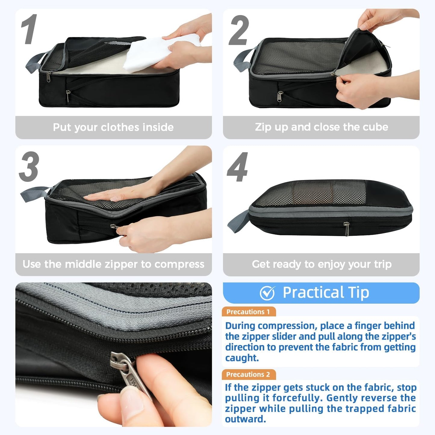 BAGAIL 4 Set/6 Set/8 Set Compression Packing Cubes Travel Accessories Expandable Packing Organizers (Half Mesh, 6-Black)