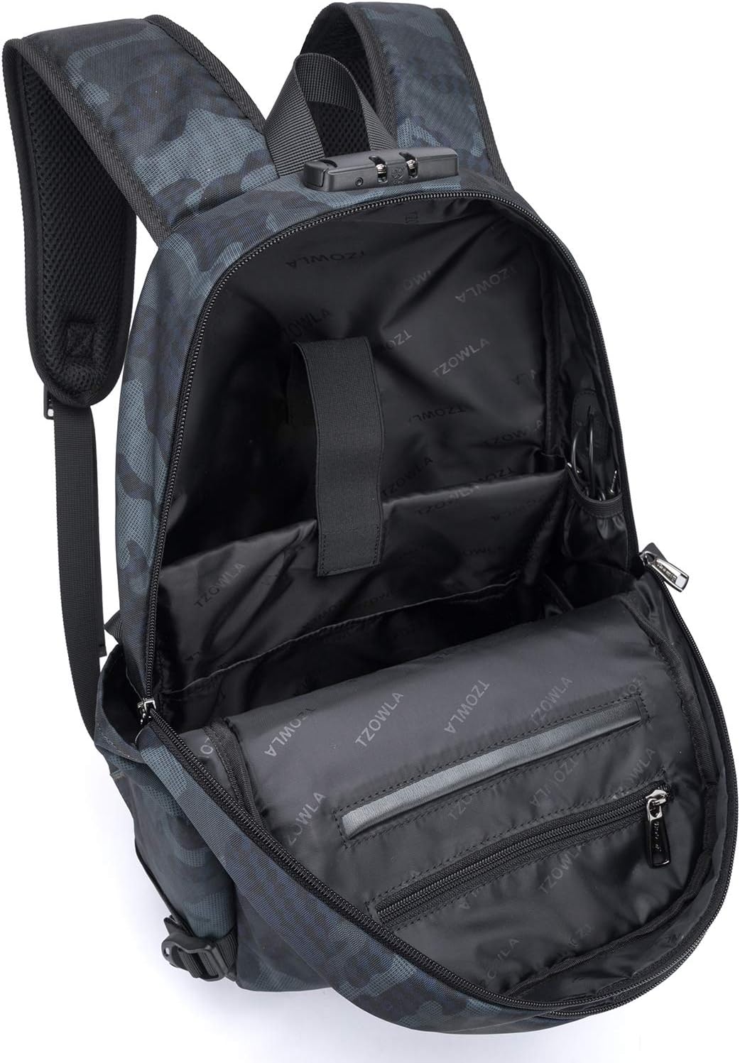 Tzowla Business Laptop Backpack Water Resistant Anti-Theft Backpack with USB Charging Port and Lock 15.6 Inch Computer Backpacks for Women Men, Casual Hiking Travel Daypack (Navy Blue Camo)