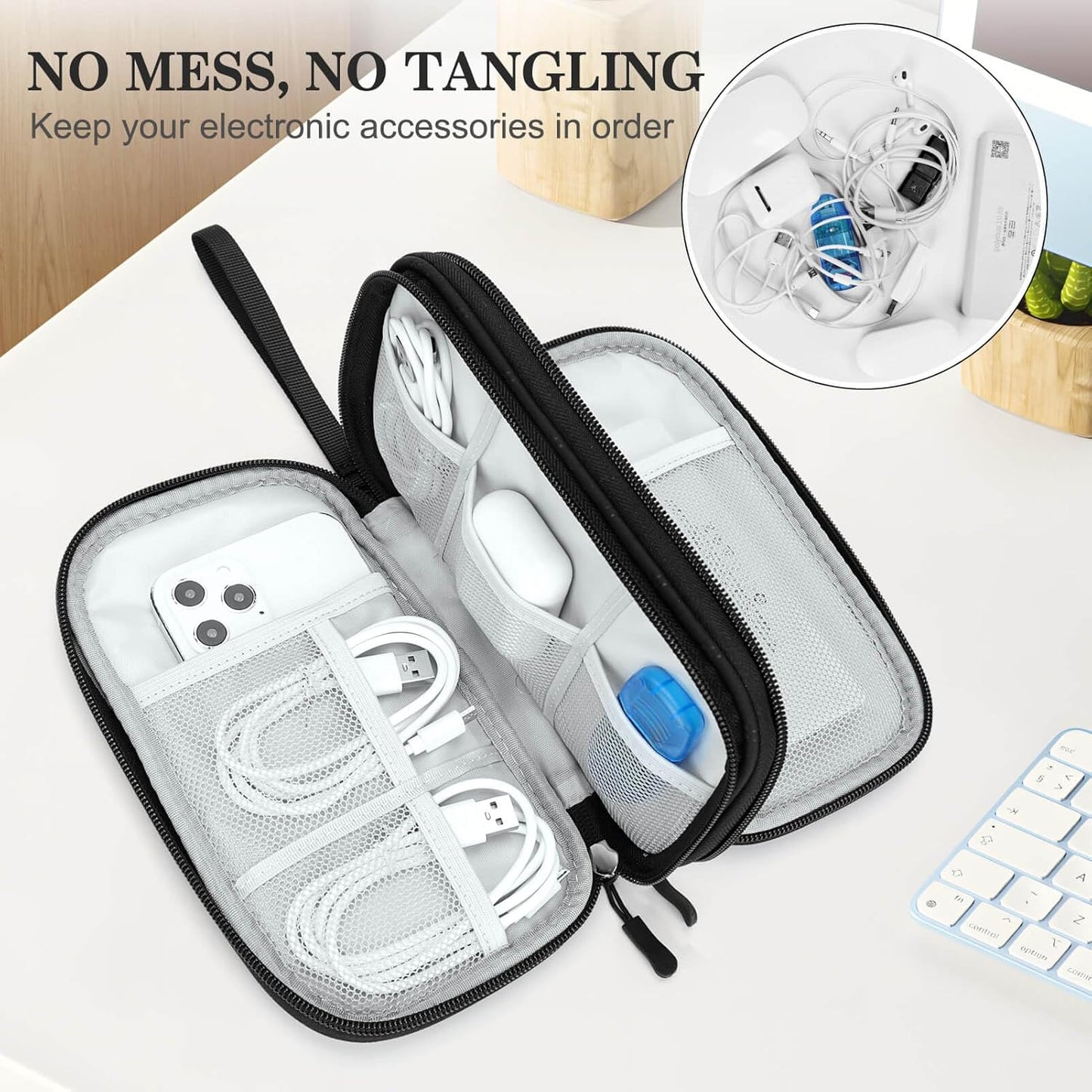 FYY Electronic Organizer, Travel Cable Organizer Bag Pouch Electronic Accessories Carry Case Portable Waterproof Double Layers All-in-One Storage Bag for Cable, Cord, Charger, Phone,-Pattern Black(M)