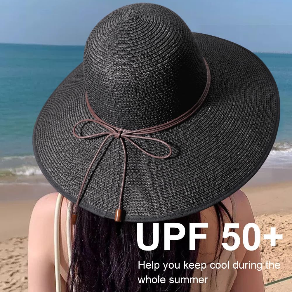 DRESHOW Beach Hats for Women Big Straw Wide Brim Summer Hat Floppy Foldable Roll up Cap Sun Hat UPF 50+