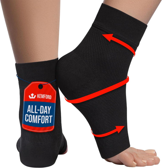 KEMFORD Ankle Compression Sleeve - Plantar Fasciitis Braces - Open Toe Compression Socks for Swelling, Sprain, Neuropathy, Foot Arch Support for Men and Women - 15-20mmhg, L, Black