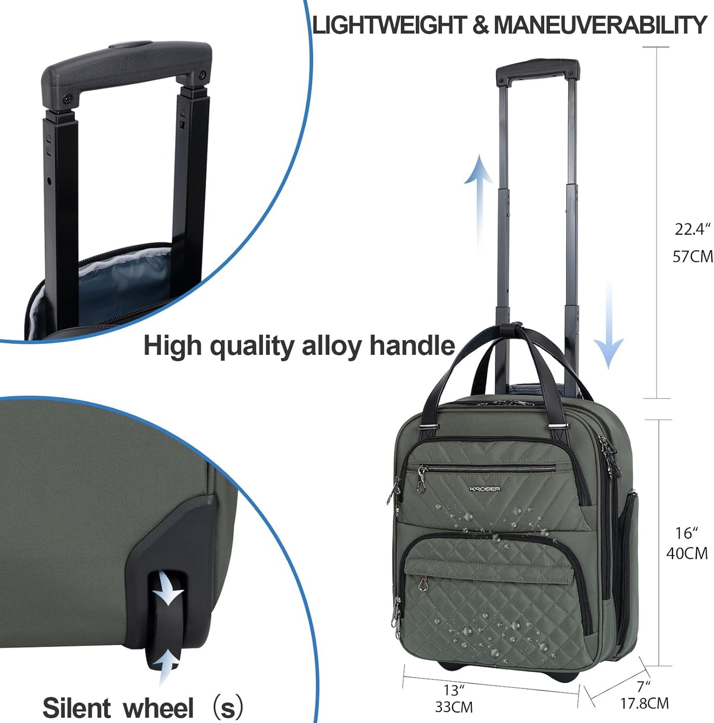KROSER Carry On Underseat Multi-functional, 16-inch Underseater Lightweight Overnight Suitcase for Women, Army Green