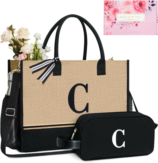 TOPDesign Personalized Initial Canvas Tote Bag, for Wedding, Birthday, Beach, Perfect Gifts for Women, Mom, Teachers, Friends