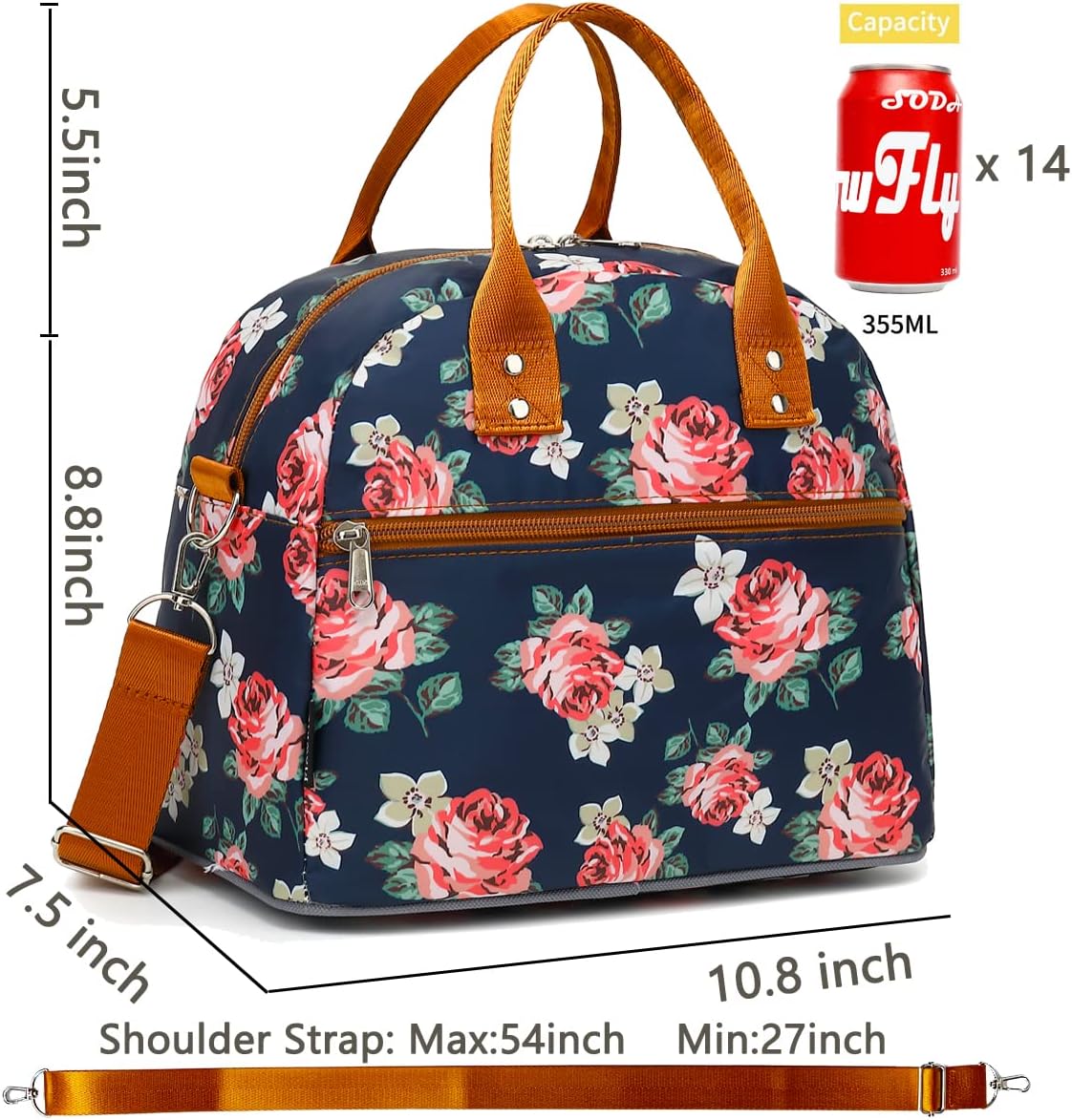 FlowFly Insulated Lunch Bag With Shoulder Strap for Women, Men, and Kids, Large and Reusable, Handle, Freezable Work and School Travel Tote and Meal Prep Organizer,Peony