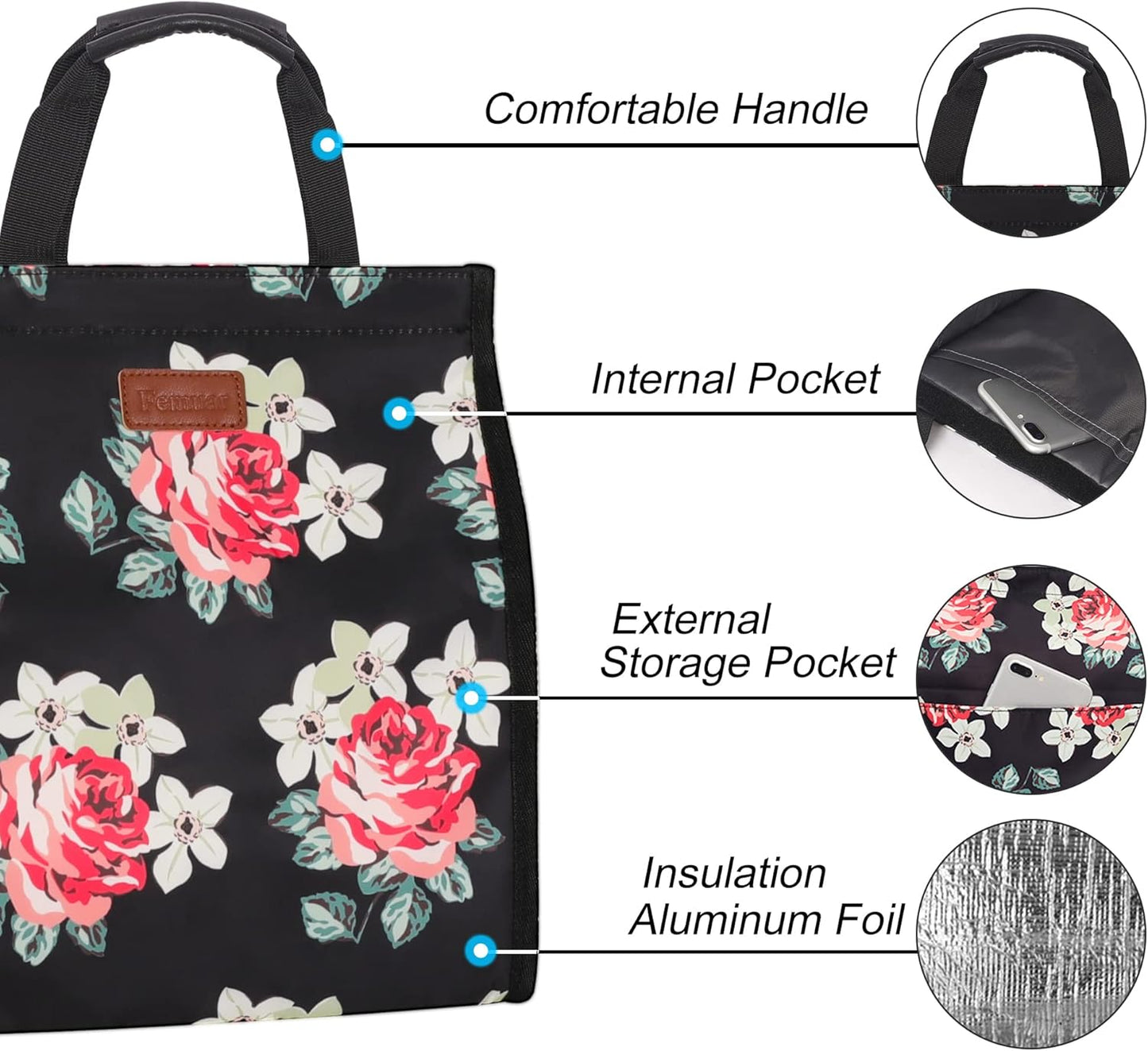 Lunch Bags for Women Insulated Reusable Lunch Tote with Internal Pocket, Lunch Tote bag for Work (Flower)