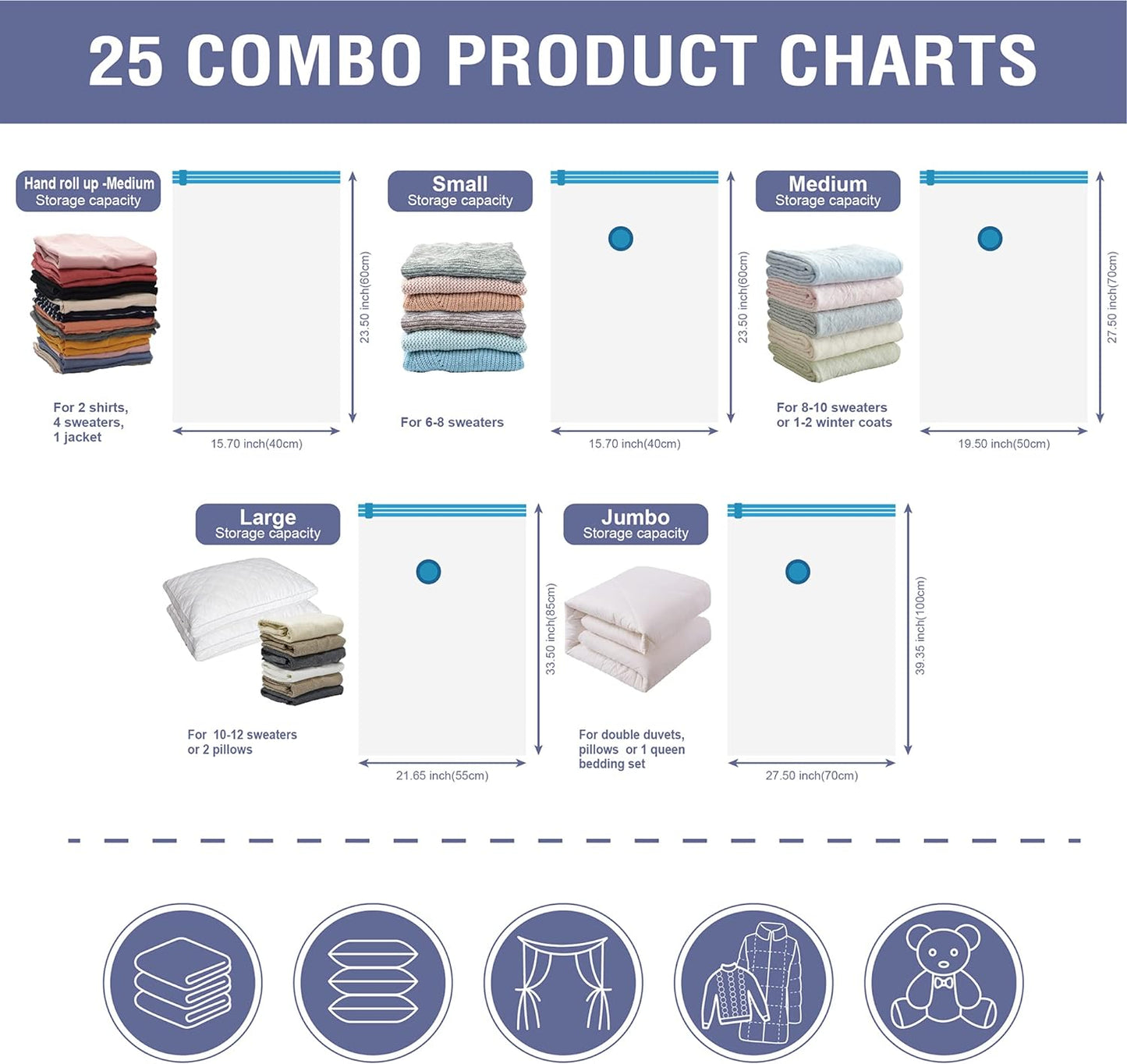 25 Pack Vacuum Storage Bags, Space Saver Vacuum Storage Bags, Vacuum Seal Bags for Clothing, Clothes, Comforters and Blankets, Hand Pump Included