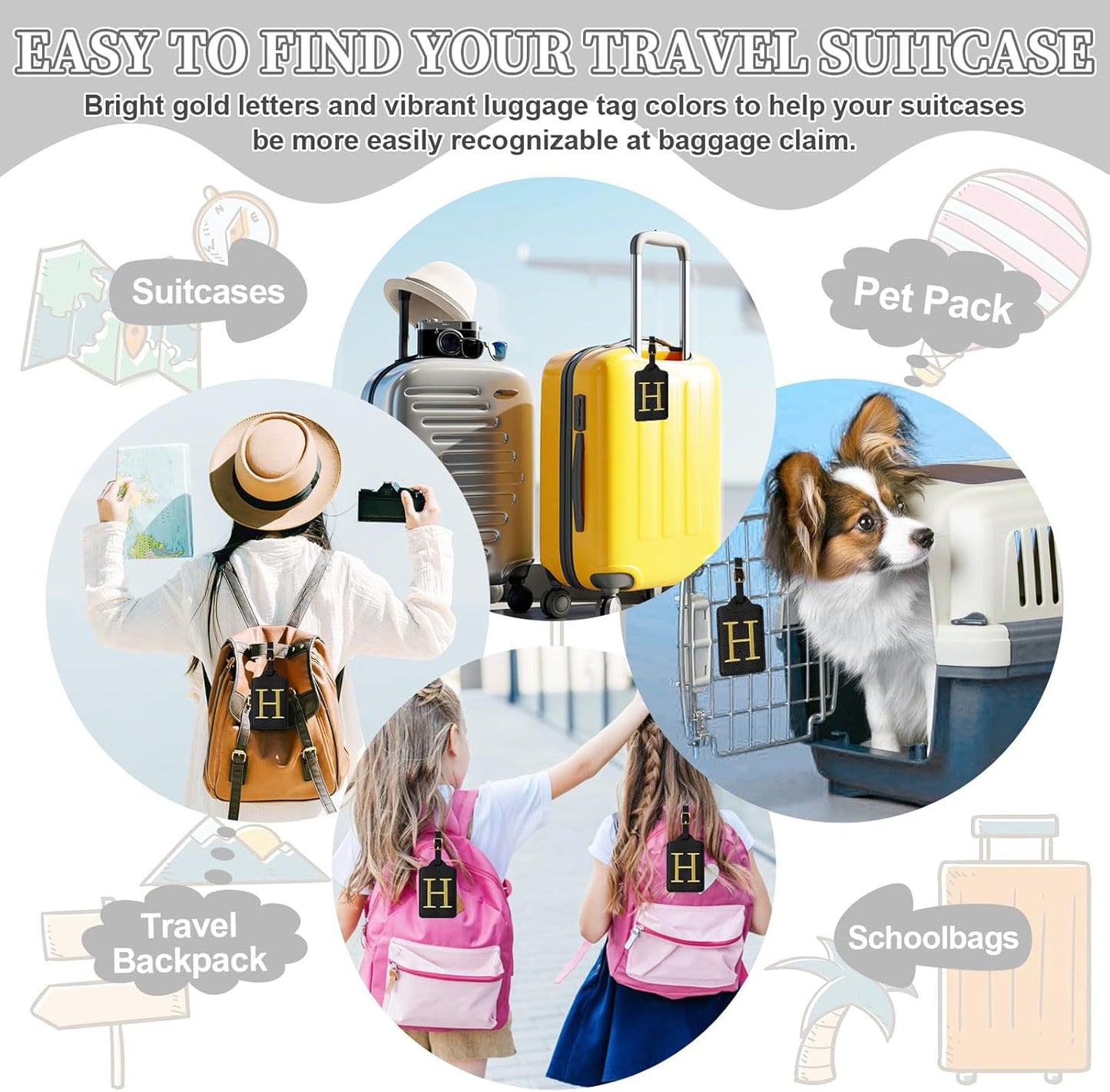 Personalized Initial Luggage Tags for Suitcase TSA Approved, Black Leather Cute Luggage Tag with Privacy Cover Name Card, Embroidered Custom Luggage Tags Travel Backpack Tags Gifts for Women Kids(H)