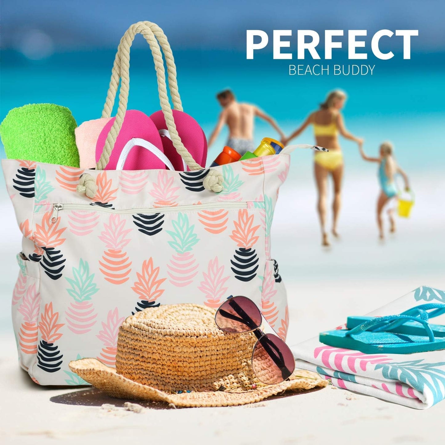 Beach Bag Spacious Shoulder Tote Travel & Gym Bag w/Multiple Pockets & Strong Zipper