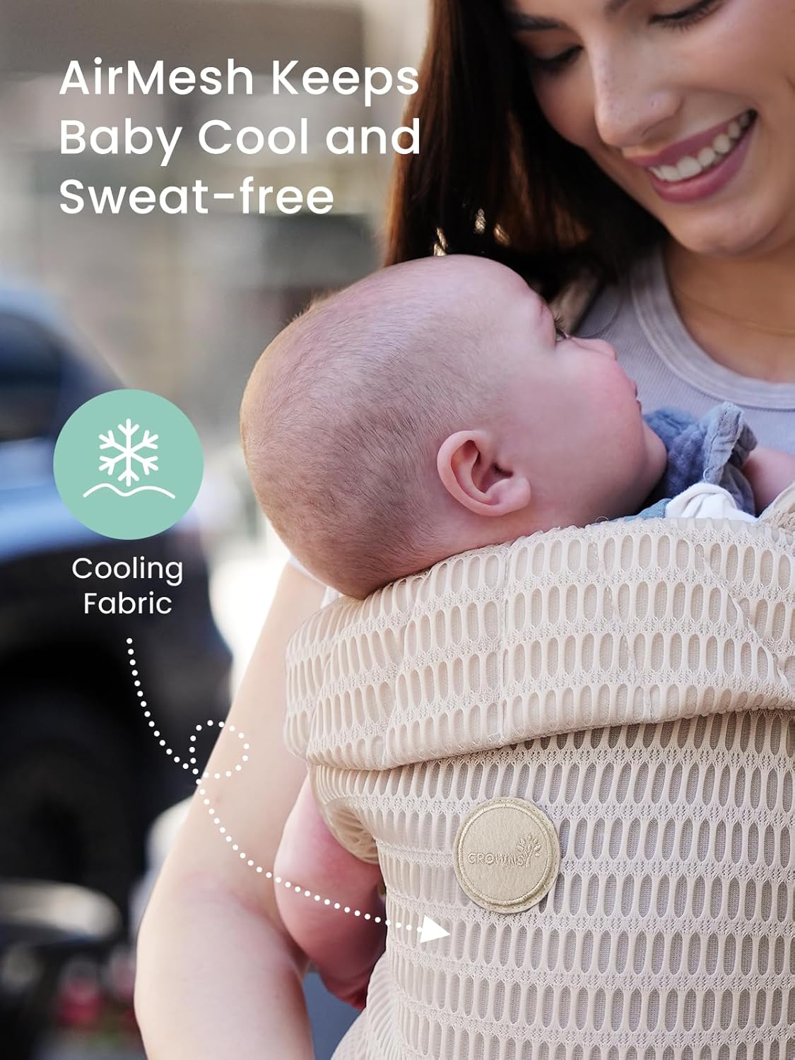 Grownsy Baby Carrier Newborn to Toddler (7-44lbs), Ergonomic & Cozy Wraps with One-Click Buckle, Mesh & Head Support for Hands-Free Comfort, Almond Beige