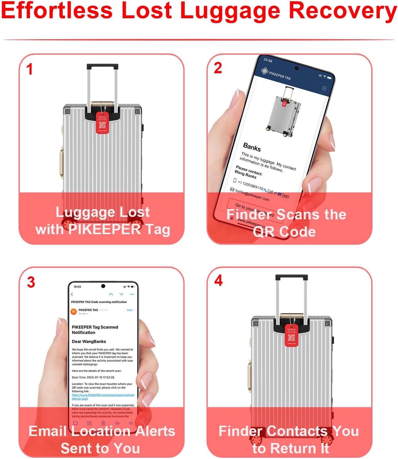 Smart Luggage Tags (4-Pack) - QR Code Shows Scanner’s Location on Scan, Privacy-Controlled Contact Info, Lost Item Alerts, Waterproof Aluminum for Travel Bags & Backpacks