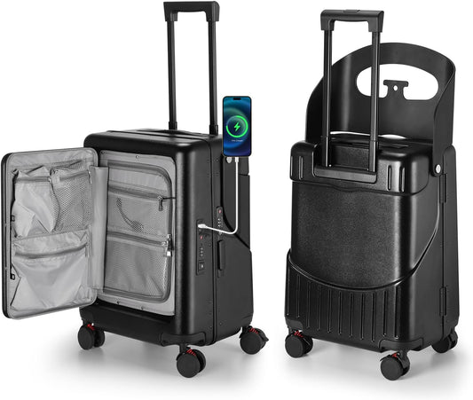 Ride On Luggage with Foldable Seat for Kids&Adults with Seat Belt,Hardshell Ride On Suitcase with Front Pocket,Lockable 4-Spinner Wheels,USB Port,TSA Lock,20 inch,Black