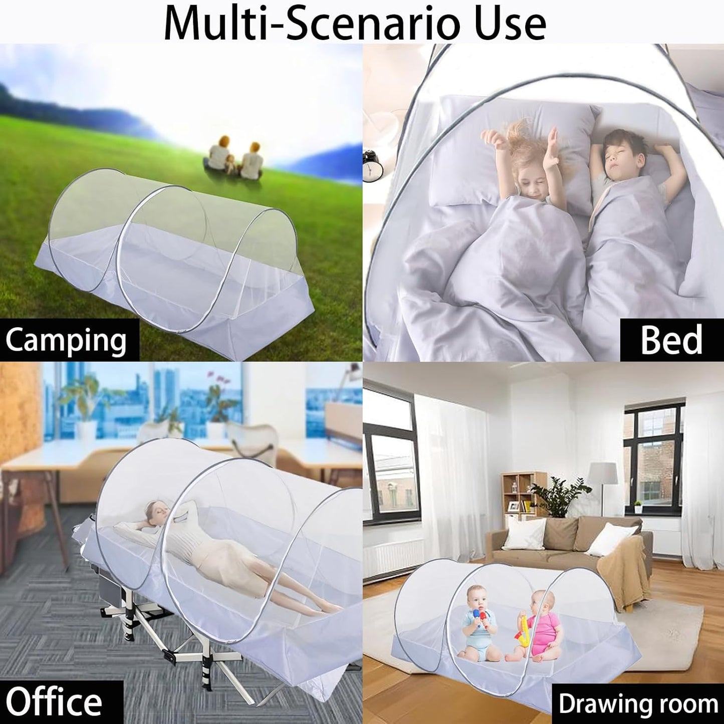 CMINGJ Portable Mosquito Net Foldable Pop-Up Travel Mosquito Net for Bed Free Installation-Suitable for Baby Adults Bedroom, Camping, nap, Patio (Large-Side Zipper(White net))