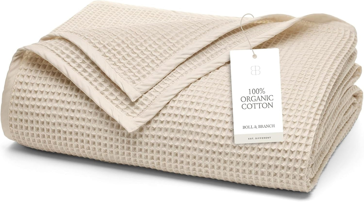 BOLL & BRANCH Waffle Bed Blanket - King/Cal King, Natural - Luxury 100% Organic Cotton - Soft, Lightweight and Breathable - Textured Waffle Weave