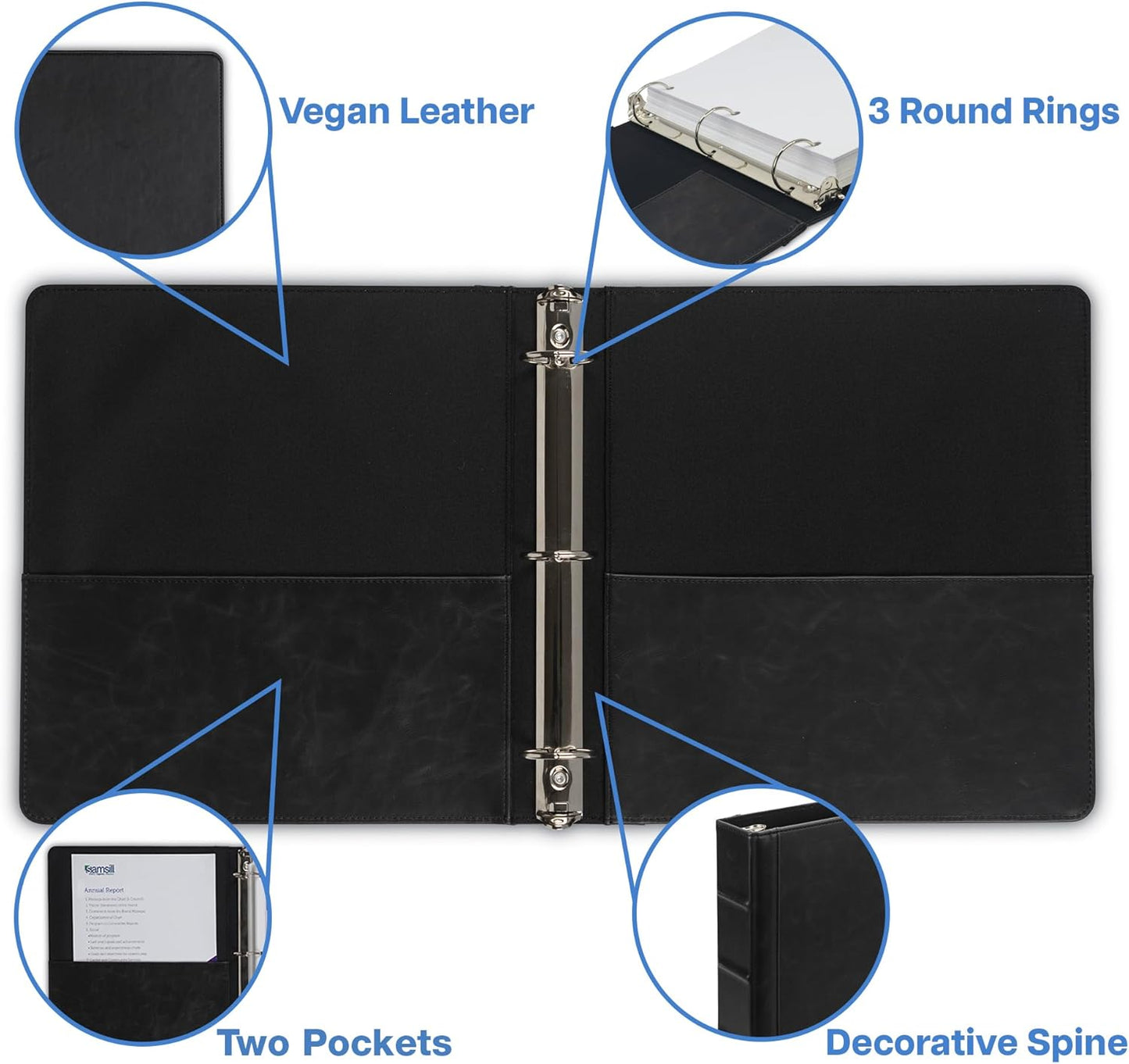 Samsill Vintage Leather 3 Ring Binder, Leather Organizer, Planner, 1.5 Inch, Letter Size 8.5 x 11, No Zipper, Black