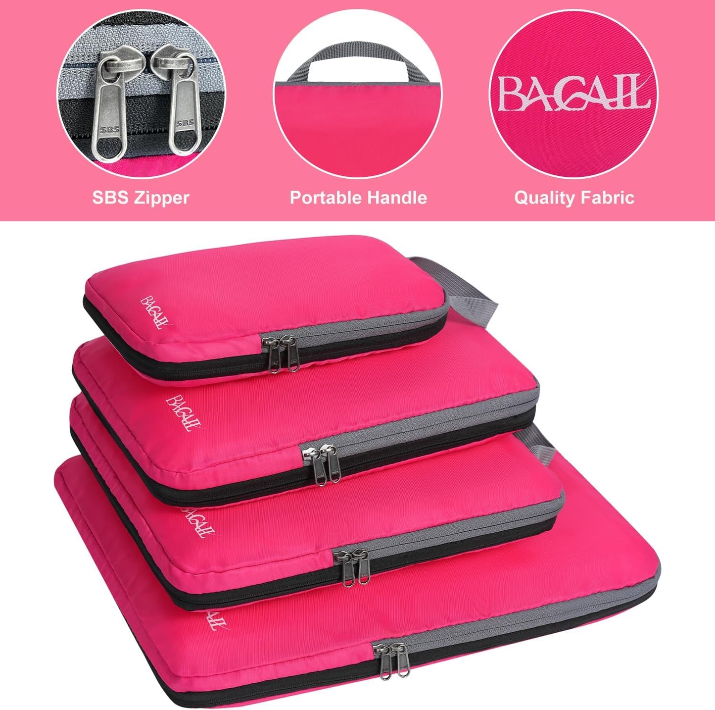 BAGAIL 4 Set/6 Set/8 Set Compression Packing Cubes Travel Accessories Expandable Packing Organizers (Cloth Pattern, 4-Fuchsia)