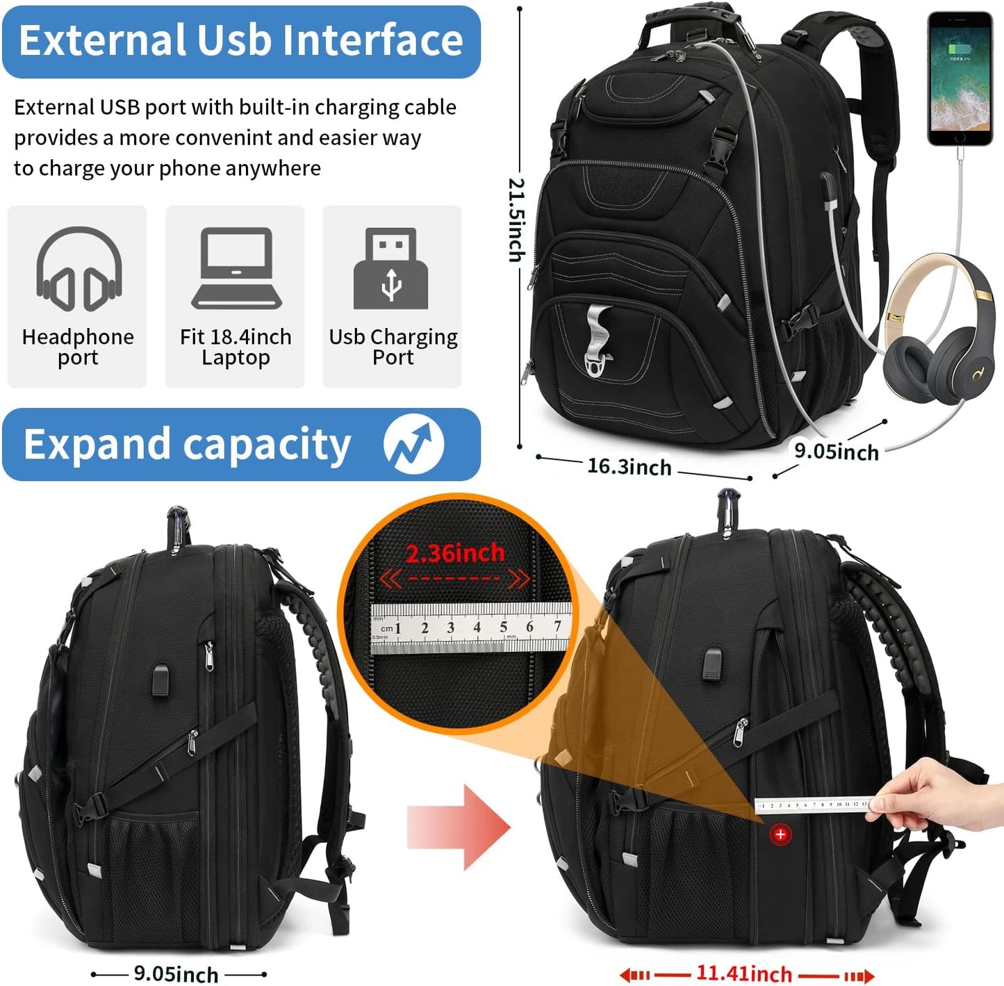 Boniyee Travel Backpack 17.3 Inch, Business Anti-Theft Laptop Bag with USB Charging Port, Waterproof