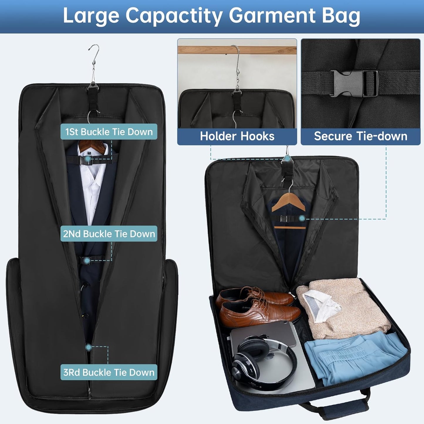 Garment Bags for Travel, 41'' Water-Resistant Carry On Garment Bag for Hanging Clothes, Large Suit Travel Bag Convertible Travel Garment Bag for Shirts, Dresses, Coats (Blue)