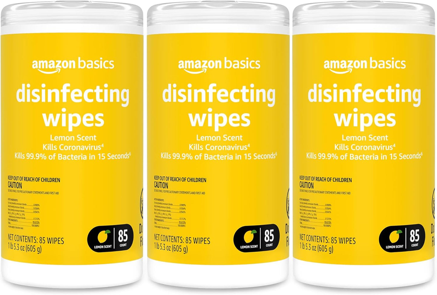 Amazon Basics Disinfecting Wipes, Lemon Scent, Sanitizes/Cleans/Disinfects/Deodorizes, 255 Count (3 Packs of 85)