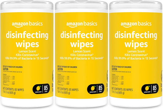 Amazon Basics Disinfecting Wipes, Lemon Scent, Sanitizes/Cleans/Disinfects/Deodorizes, 255 Count (3 Packs of 85)