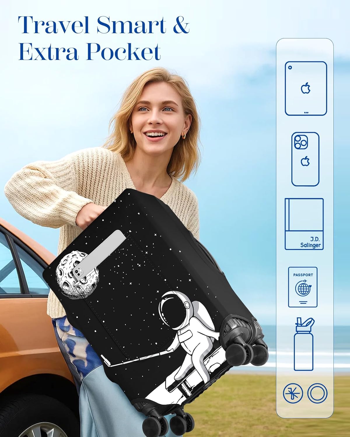 Slohif Luggage Cover for Suitcase Tsa Approved Protector - Luggage Sleeve Large Suit Case Cover Travel Stretch Baggage Case Protective Washable Fit 28-30 Inch Astronaut L