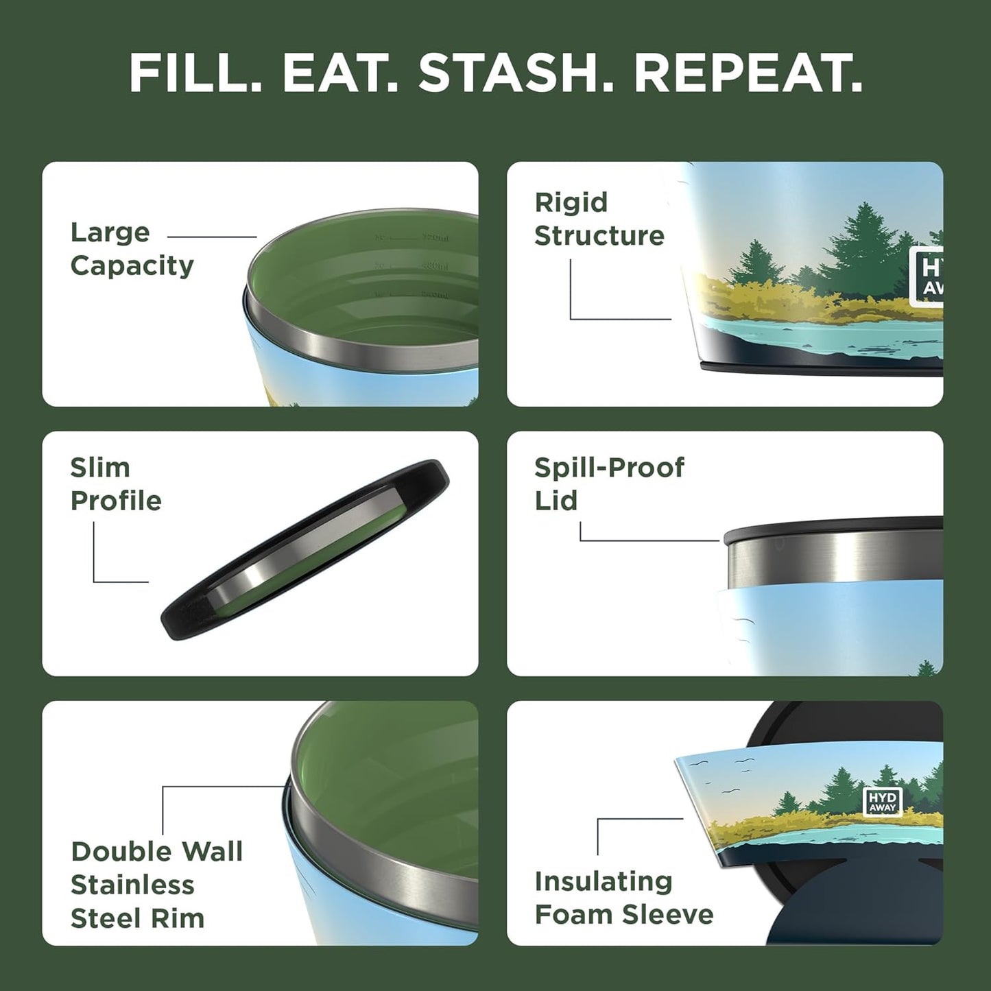 HYDAWAY 1-Quart Collapsible Insulated Bowl with Lid - BPA-Free, Leak-Resistant, Space-Saving Camp Bowl - Ideal for Hiking, Travel & Outdoor Meals