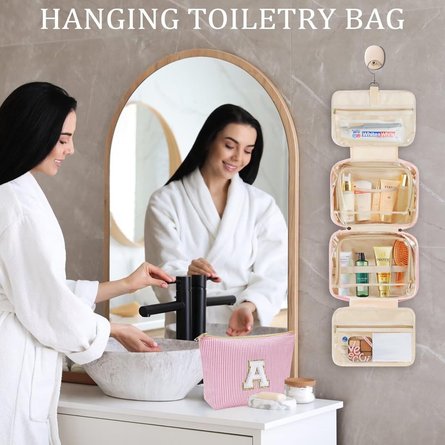 YOOLIFE Travel Toiletry Bag for Women - Hanging Toiletry Bag Initial Makeup Bag, Portable Toiletries Cosmetic Bag, Airplane Travel Essentials - Letter I, Pink