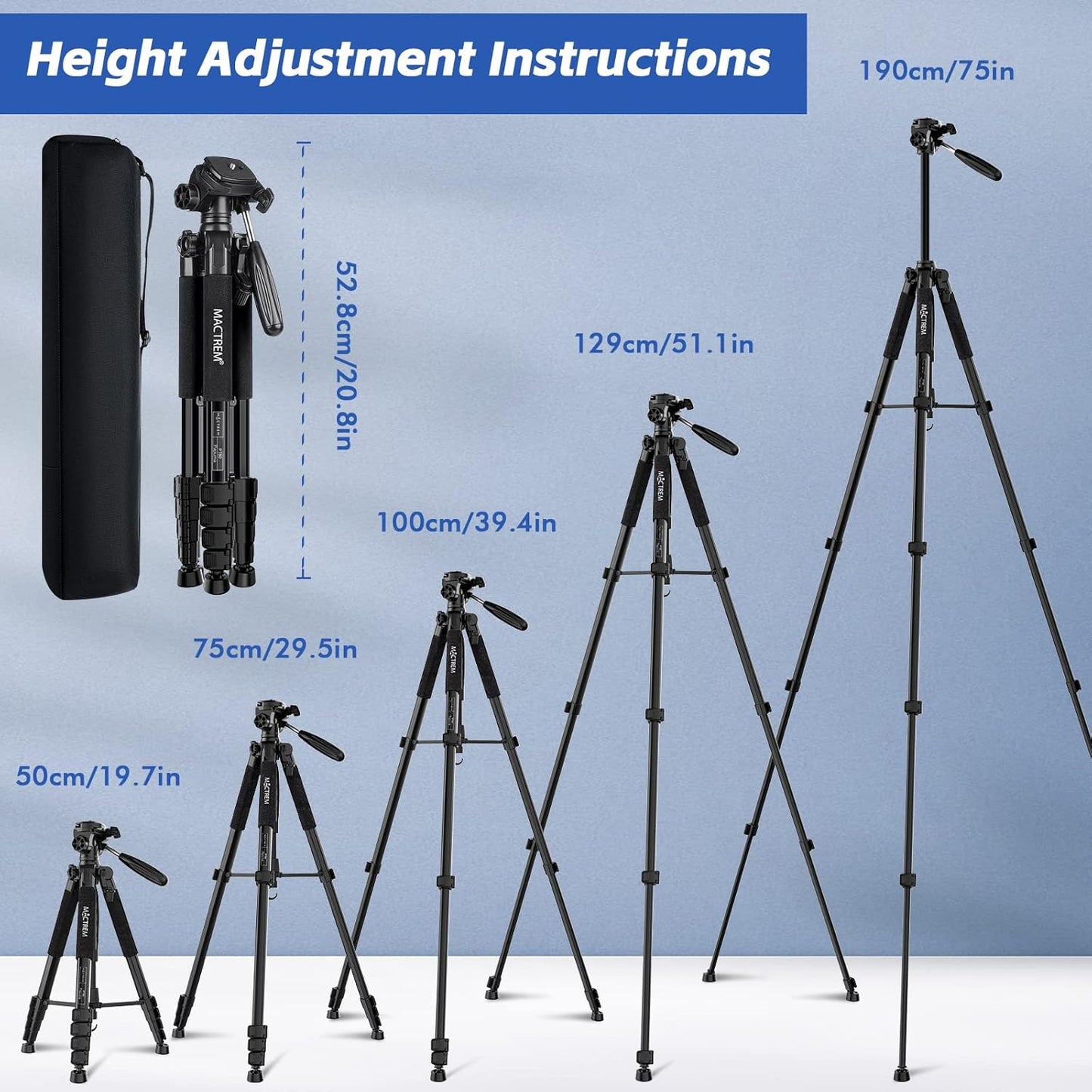 MACTREM 75 Inch Camera Tripod for Sony Canon Nikon, Lightweight Travel Video Aluminum Tripod Stand with Cell Phone Mount for iPad Phone