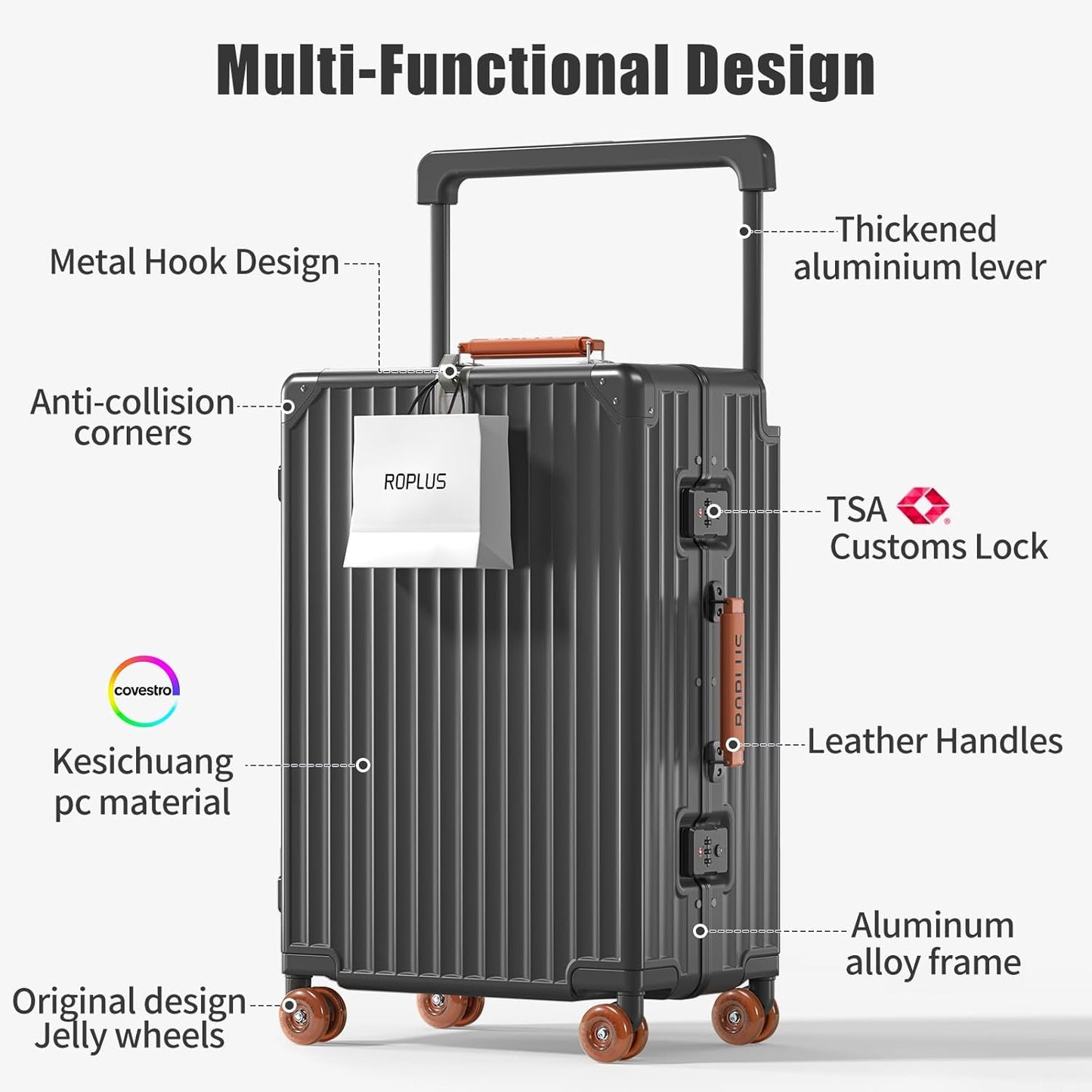 Aluminium Frame Checked-Luggage with Smooth Jelly Wheels, Hardside Zipperless Rolling Suitcase with TSA Lock (Grey, 24-Inch)