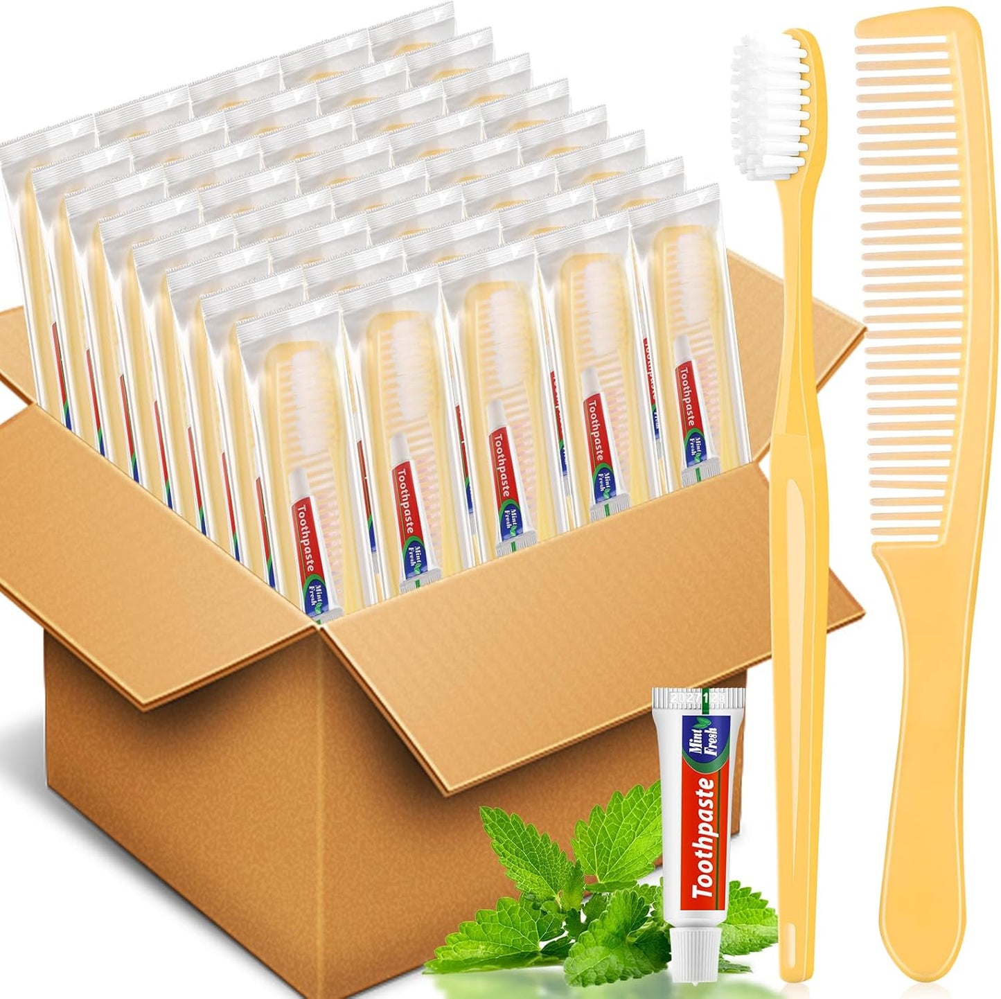NICEMOVIC 30 Pack Disposable Toothbrushes Bulk with Toothpaste and Comb Travel Size Toothpaste Set Homeless Care Package Supplies for Bulk Individually Wrapped Disposable Travel Hotel Charity, Yellow