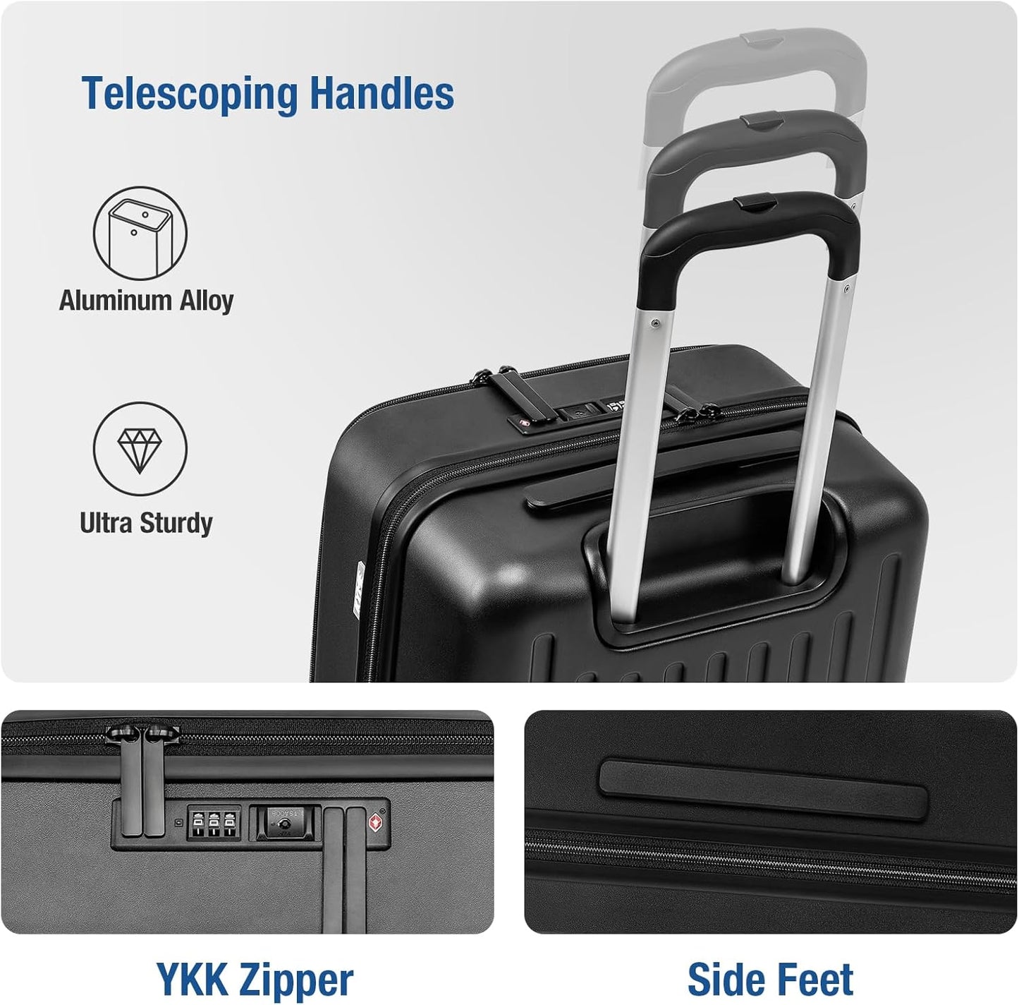KYME Luggage Sets, 100% PC Suitcase With Double Spinner Wheels & TSA Lock, Hard Shell 3 Piece Set, 22/26/30, Black