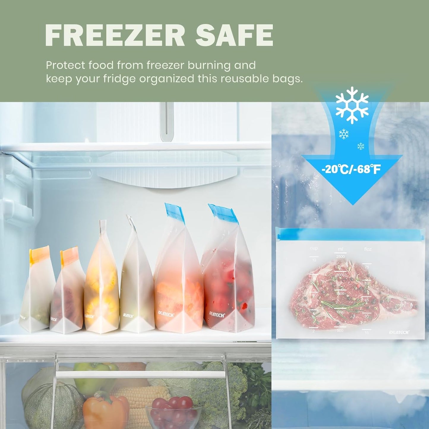 Dishwasher Safe Reusable Storage Bags Stand Up - BPA Free Reusable Sandwich Bags - Leakproof Gallon Freezer Bags, Silicone Food Storage Bag - Multicolor 8 Gallon + 8 Sandwich + 8 Snack Bags