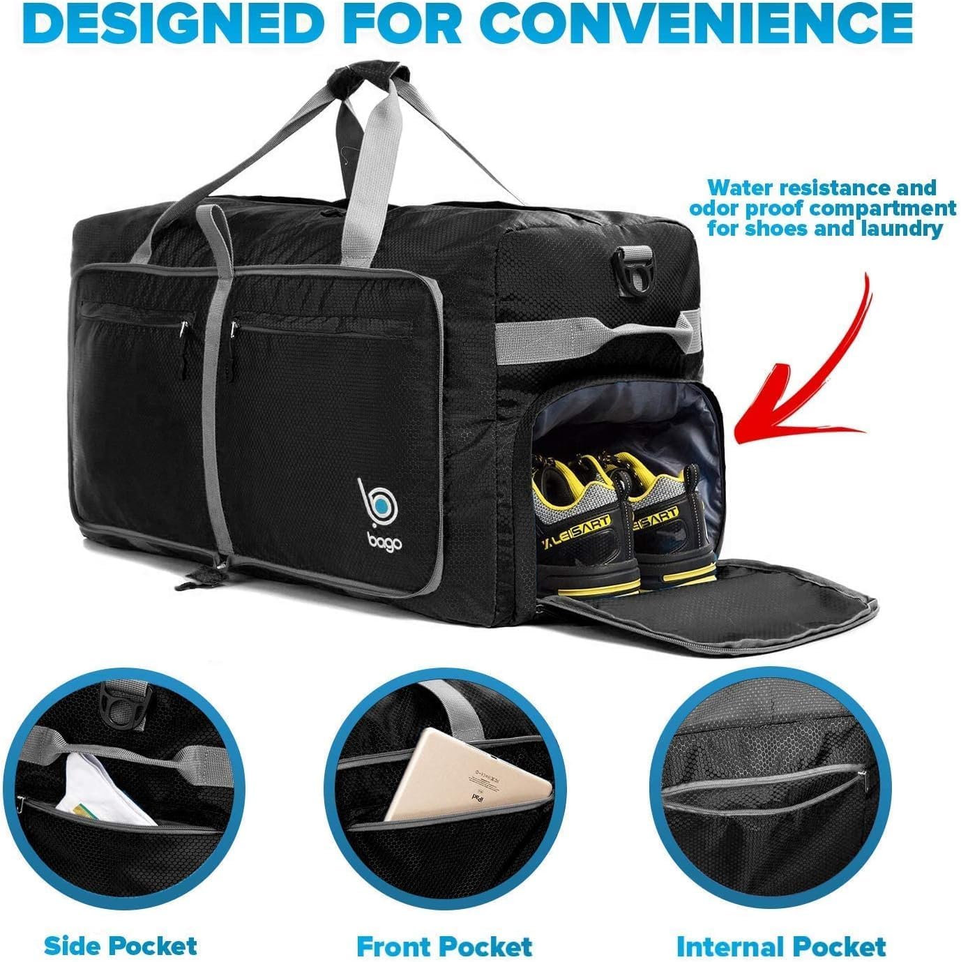 Bago Large Foldable Duffel Bags for Traveling Women & Men - 120L Packable Duffle Bag for Travel with Shoe Compartment - Water Repellant, Heavy Duty, Lightweight Folding & Collapsible (Black)