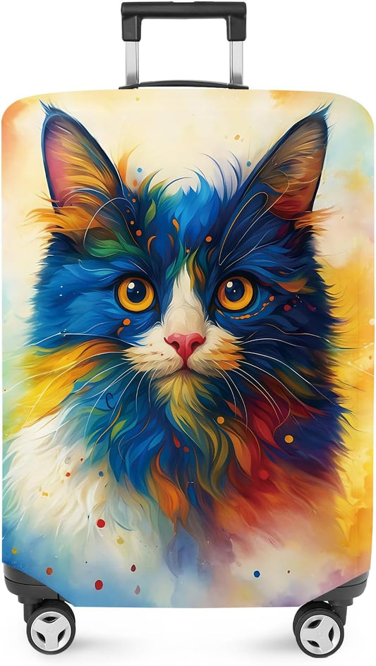 ANNA QUEEN Colorful Cat Luggage Cover, Artistic Blue Cat Design with Rainbow Colors, Stretchable, Washable Travel Sleeve for 32-34 Inch Suitcases