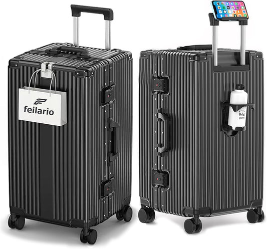 feilario 30in Super Large Captain Aluminum Frame Hardside Spinner Wheels Luggage, Removable Wheels Zipperless Checked Suitcase with Cup Holder/Phone Holder