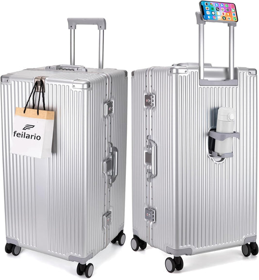 feilario 30in Super Large Captain Aluminum Frame Hardside Spinner Wheels Luggage, Zipperless Checked Suitcase with Cup Holder/Phone Holder