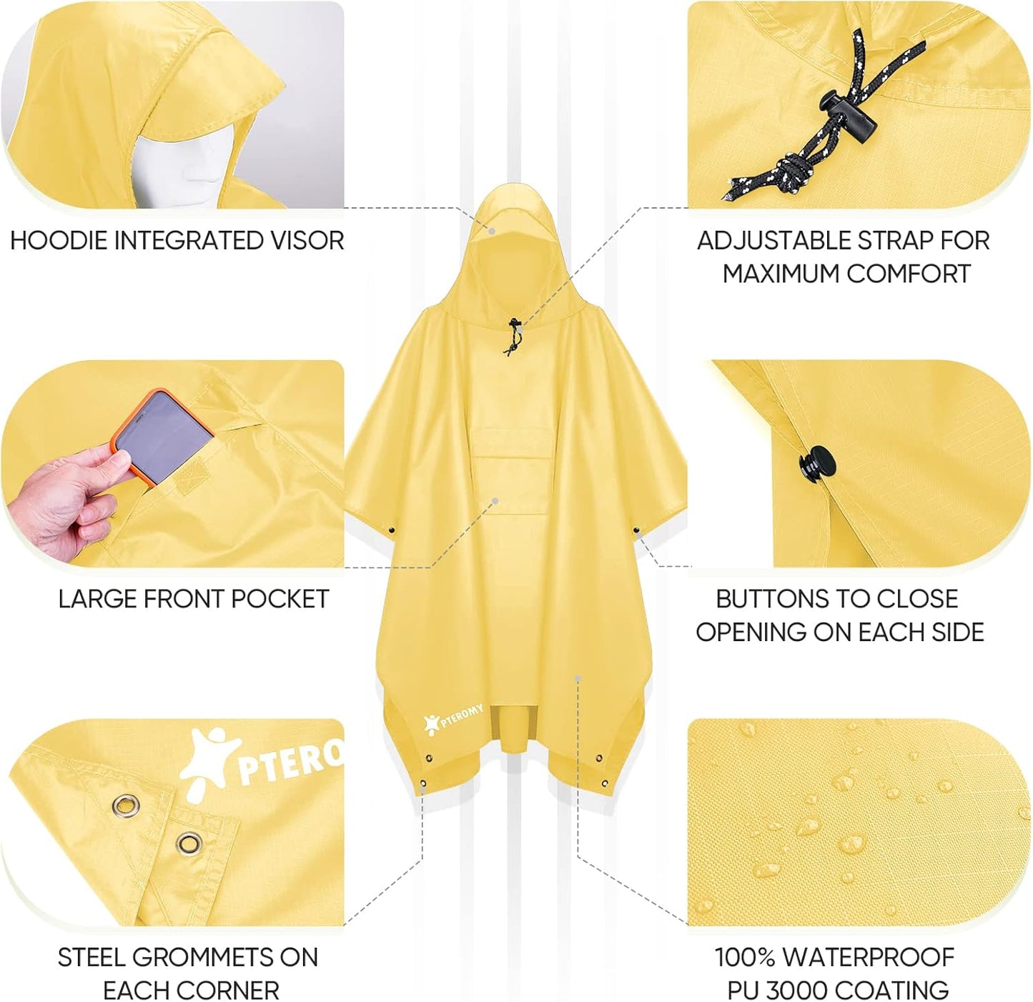 PTEROMY Hooded Rain Poncho for Adult with Pocket, Waterproof Lightweight Unisex Raincoat for Hiking Camping Emergency