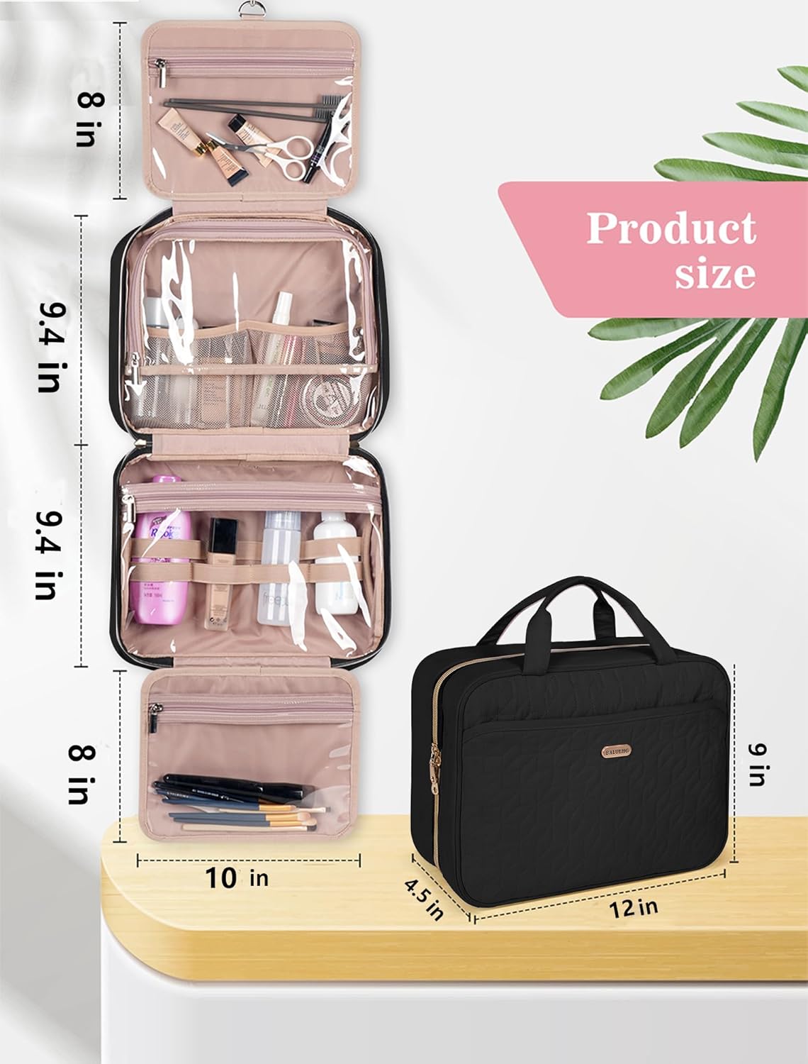 Black Toiletry Bag, Makeup Organizer, Travel Bag For Women Mens Toiletries, Waterproof with Hanging Hook, Large Capacity