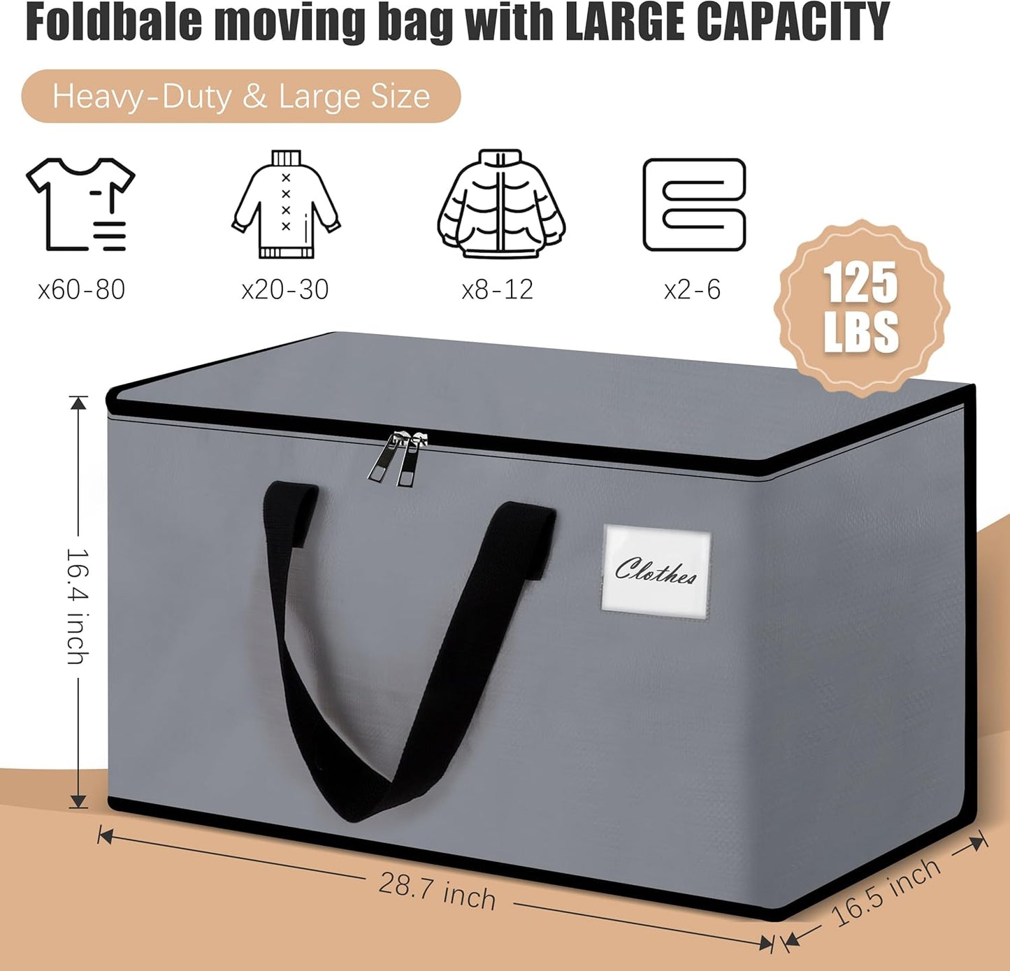 Heavy Duty Moving Bags - Extra Large Packing Bags and Storage Totes, Collapsible and Foldable Option for Moving and Storage, Grey, 125 L - 12 Pack