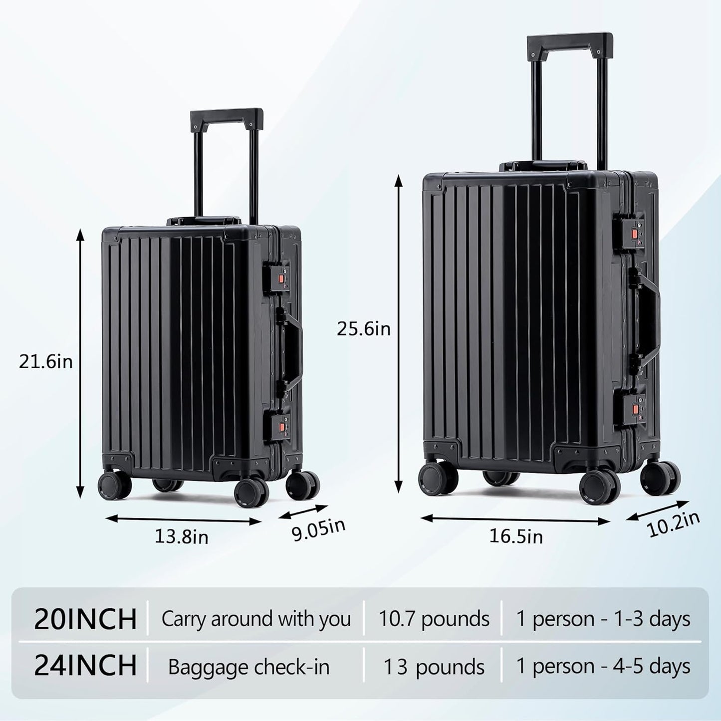 YYW Aluminum Carry-On Luggage Airline Approved Lightweight Suitcase with TSA Lock and Silent Wheels, Hardshell Spinner Business Travel (Black, 24in)