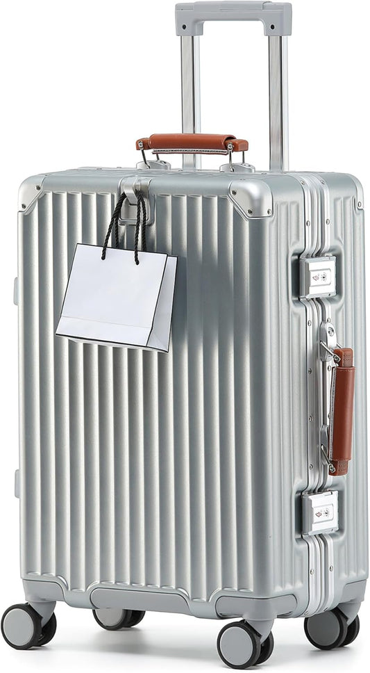 HotWay 20 Inch Carry On Luggage with Leather Handle, PC Zipperless Suitcase with Spinner Wheels and TSA Locks, 22x14x9 Airline Approved Luggage for Travel, Silver