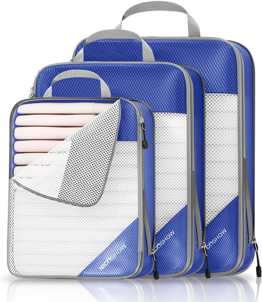 Compression Packing Cubes 3 Set, Compressible Space-Saving Packing Cubes for Travel - Compression Bags, Luggage Organizer, Travel Essentials for Women, Royal Blue