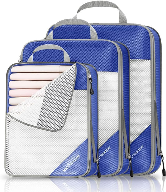 Compression Packing Cubes 3 Set, Compressible Space-Saving Packing Cubes for Travel - Compression Bags, Luggage Organizer, Travel Essentials for Women, Royal Blue