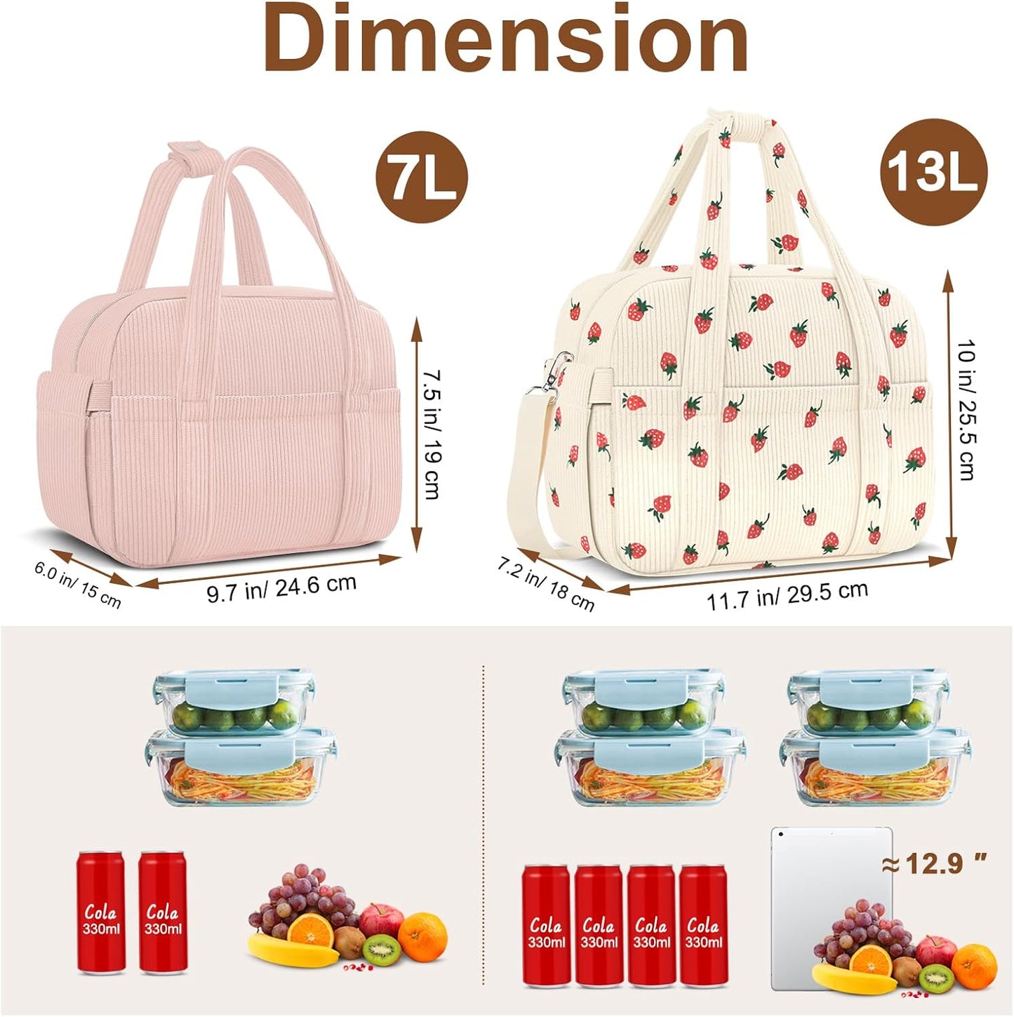 Corduroy Lunch Box Lunch Bag for Women Men, Cute Strawberry Small Insulated Reusable Work Leakproof Simple Lunch Boxes Tote Bag Adults Cooler Bag