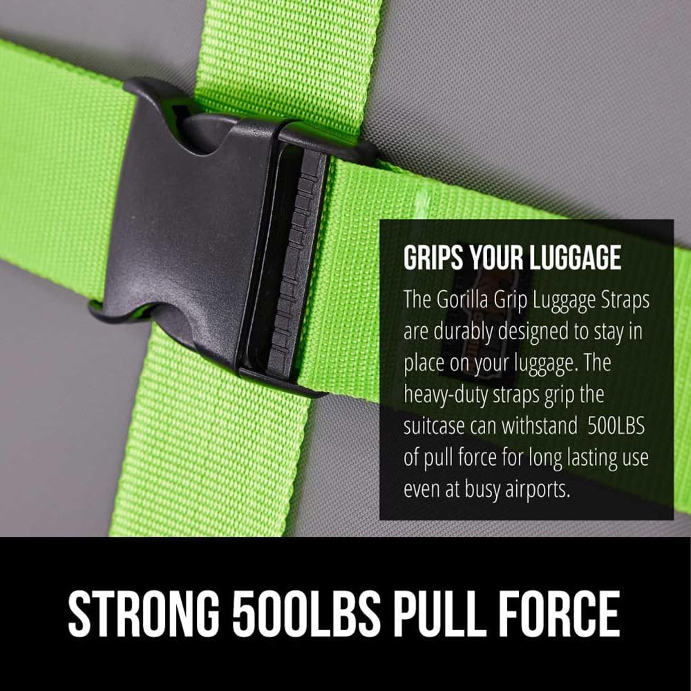 GORILLA GRIP Heavy Duty Adjustable Luggage Straps for Suitcases, Easy to Identify Travel Belt Connector Holds Suitcase Together, Holiday Travel Gift, Stocking Stuffer, Accessories, 2 Pack Green