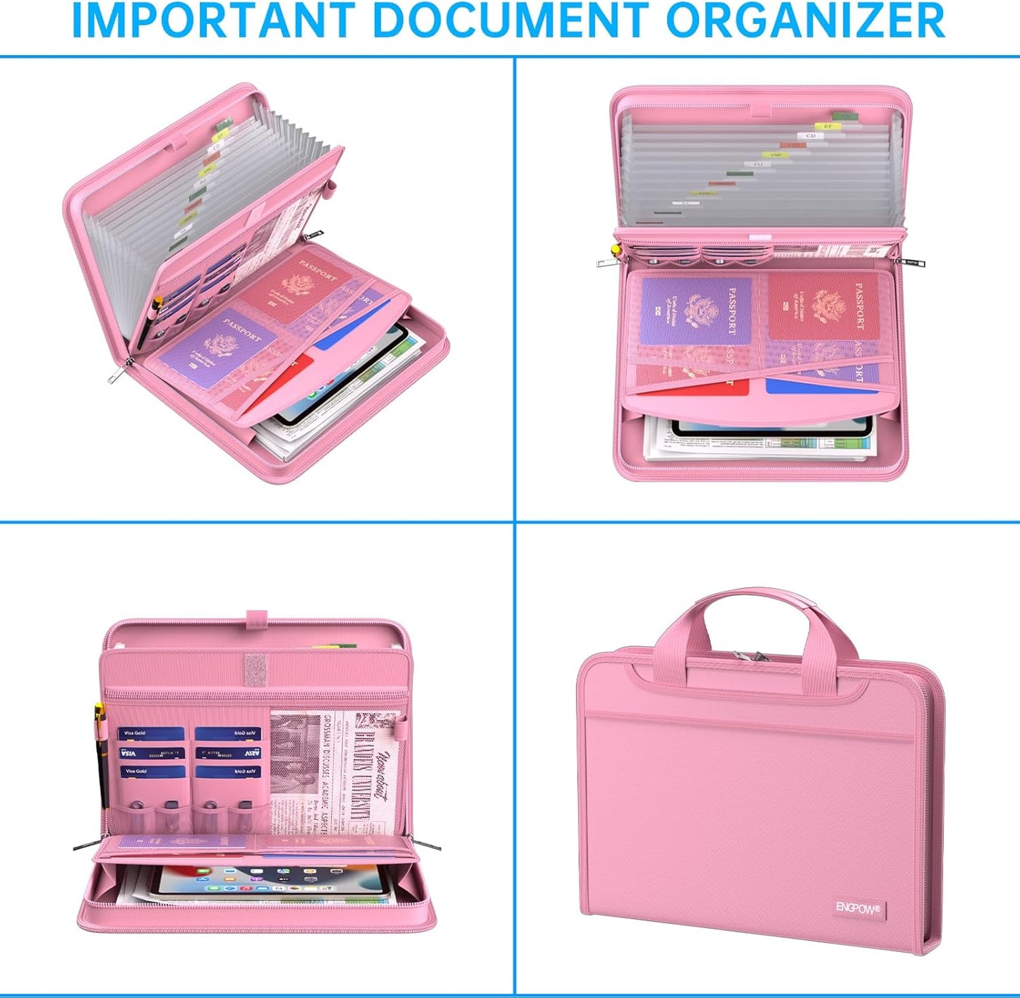 ENGPOW Accordion File Organizer,Fireproof Expanding File Folder with Multi Pockets,13 Pockets Document Organizer with Handle & Labels,Portable Home Travel Safe Storage Folder for Letter A4 Files,Pink