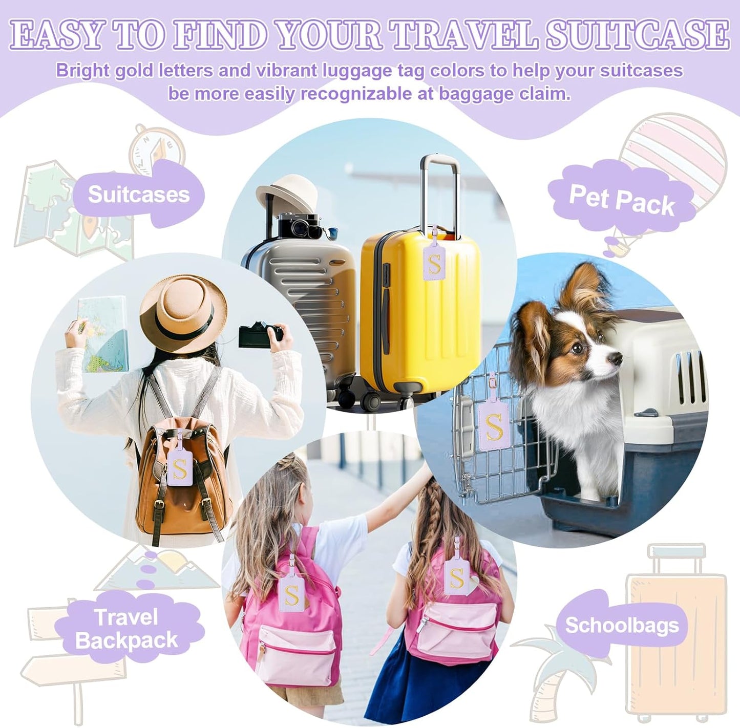 Personalized Initial Luggage Tags for Suitcase, Purple Leather Cute Luggage Tags with Privacy Cover Name Card, Embroidered Custom Monogrammed Luggage Tag Travel Backpack Tags Gifts for Women Kids(S)