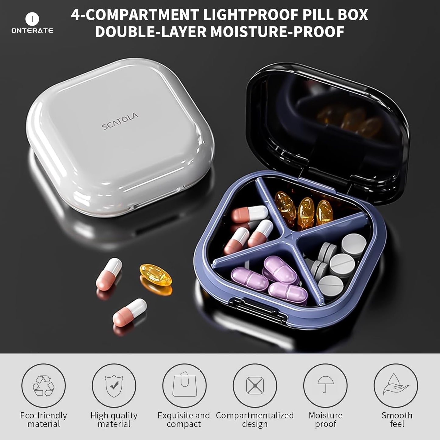 Small Pill Case, Travel Pill Box, Portable Pill Organizer, Pill Container for Pocket 4 Compartments, Daily Compact Travel Medicine Holder for Vitamins Medication (Light Grey)