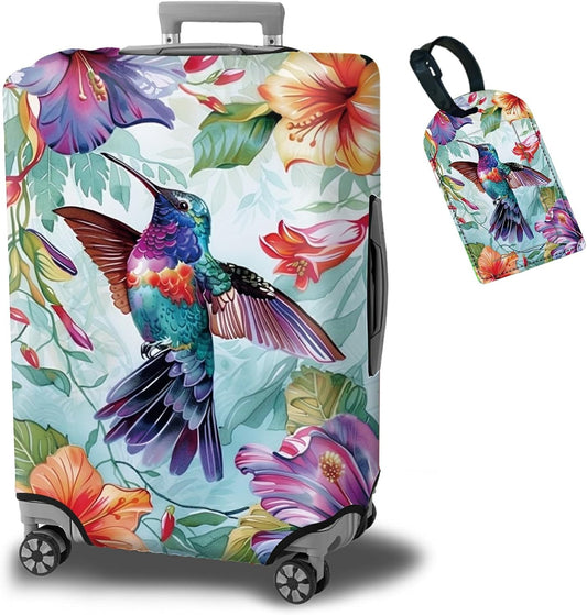 Luggage Cover Suitcase Protector + Tag, Hummingbirds Travel Cover for 22-24 inch Luggage (M), Concealed Zipper, Washable, Elastic, Dustproof, Anti-Scratch